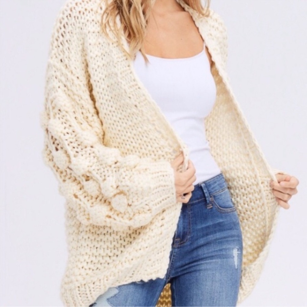 &merci pompon bubble-sleeve wool blend cardigan oversized chunky